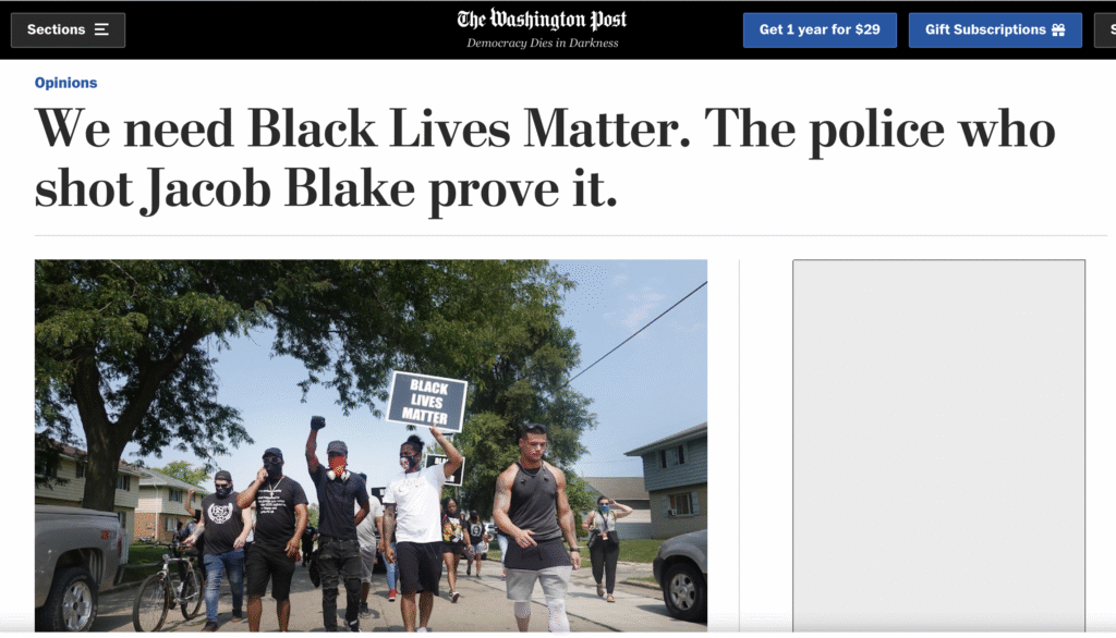 Demonstrators in Kenosha, WI after the shooting of Jacob Blake by police.