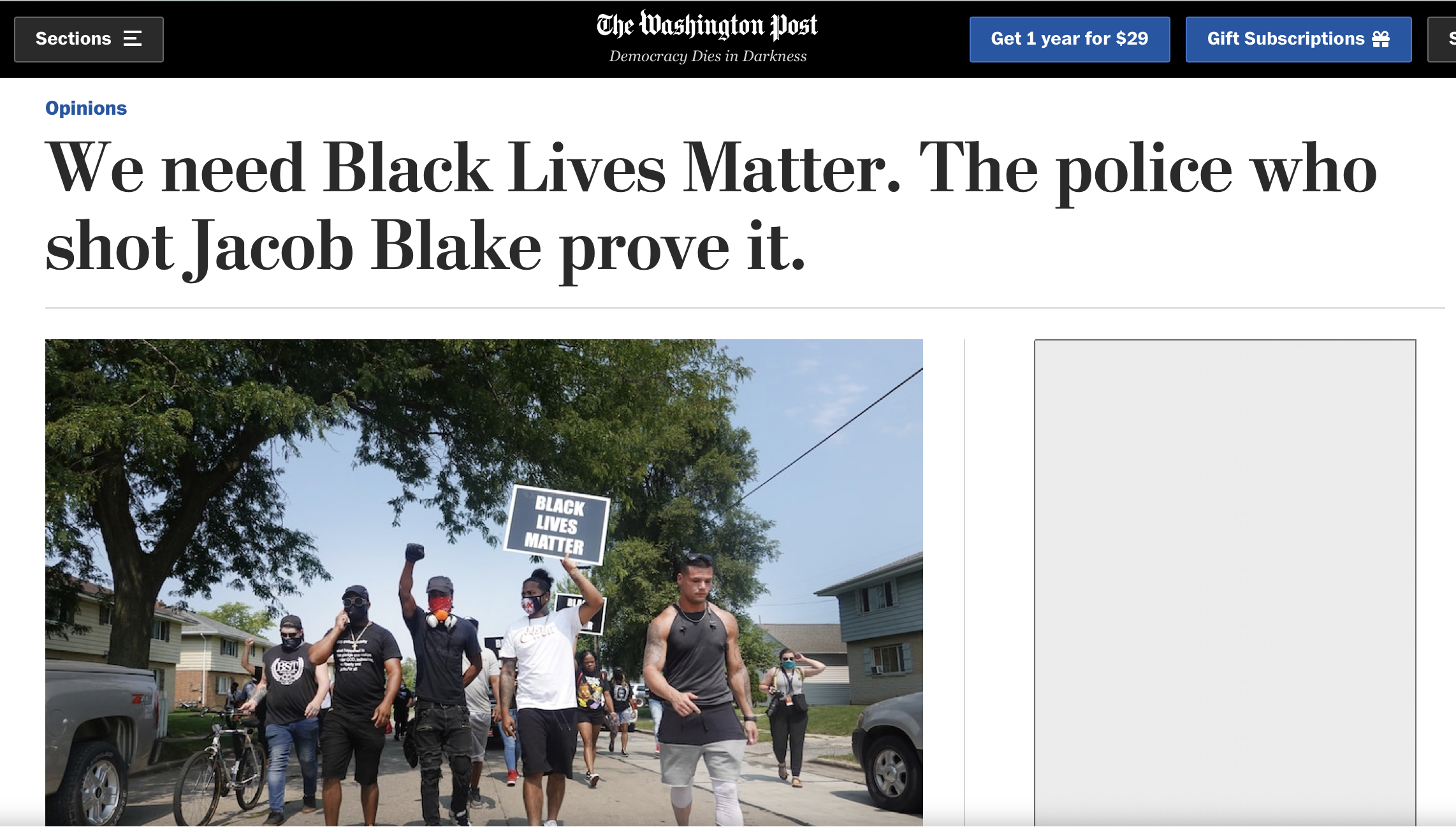 Demonstrators in Kenosha, WI after the shooting of Jacob Blake by police.