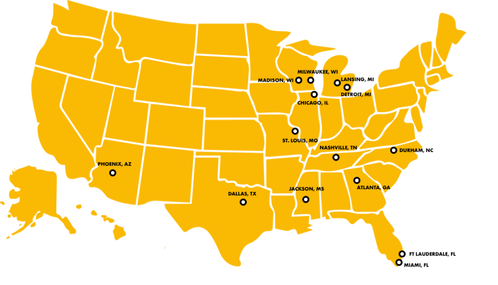 Map of the U.S. with city locations of Black People's Caucuses