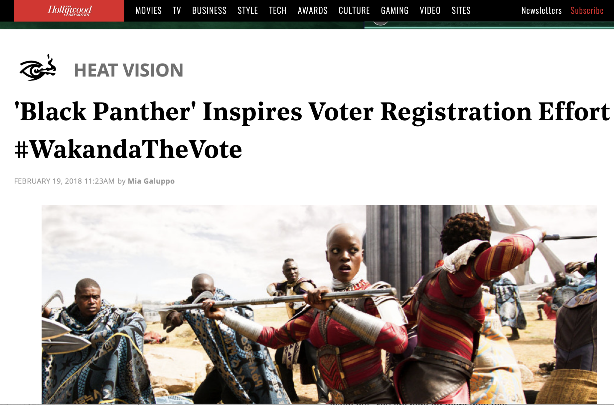 Image of Hollywood Reporter article about #WakandatheVote